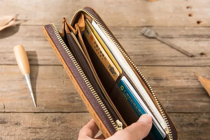 Cool Leather Mens Braided Long Zipper Clutch Wallet Long Wallet for Men