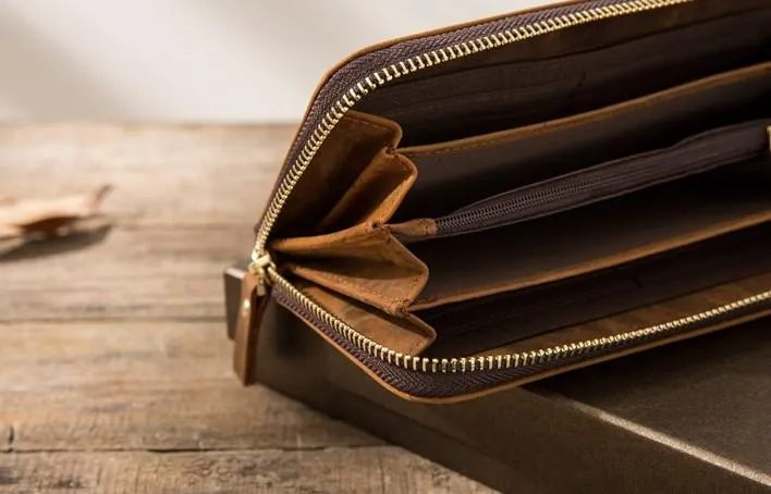 Cool Leather Mens Braided Long Zipper Clutch Wallet Long Wallet for Men