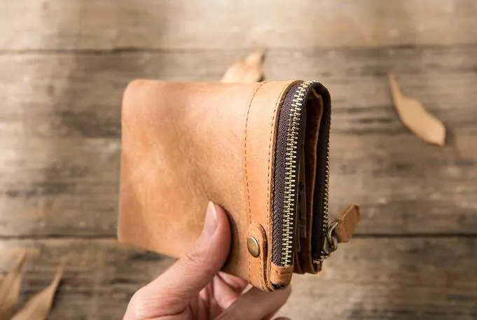 Cool Leather Mens Brown Small Wallet Bifold Vintage Slim billfold Wallet for Men