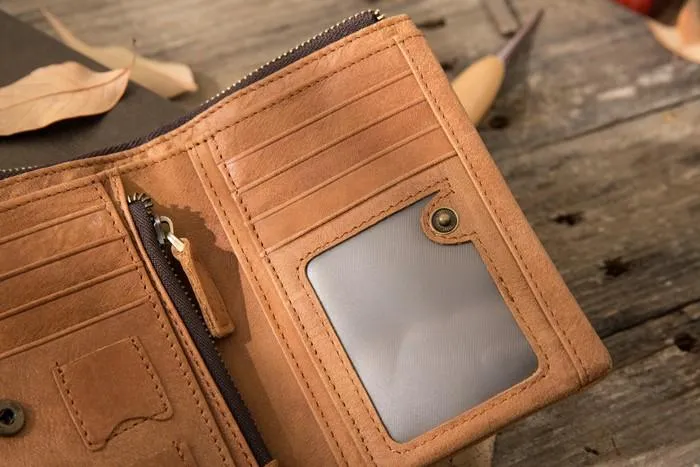Cool Leather Mens Brown Small Wallet Bifold Vintage Slim billfold Wallet for Men
