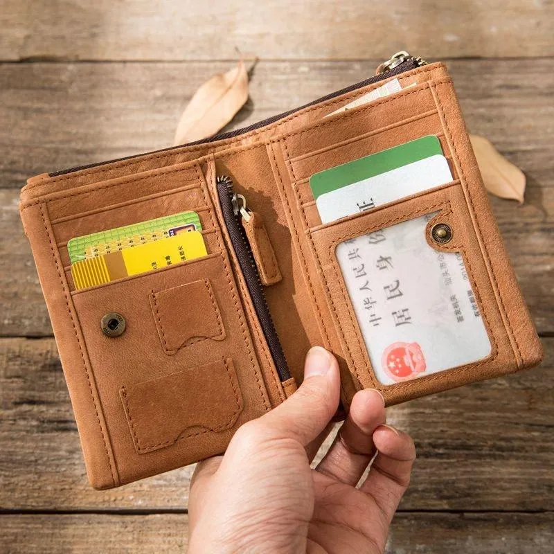 Cool Leather Mens Brown Small Wallet Bifold Vintage Slim billfold Wallet for Men
