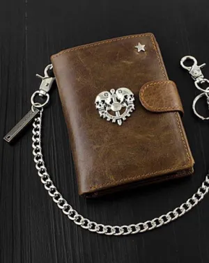 Cool Leather Men's Trifold Punk Ghost Head Skull Biker Wallet Brown Chain Wallets Wallet with chain For Men