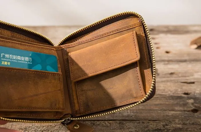 Cool Leather Vintage Mens Small Wallets Zipper billfold Wallets for Men