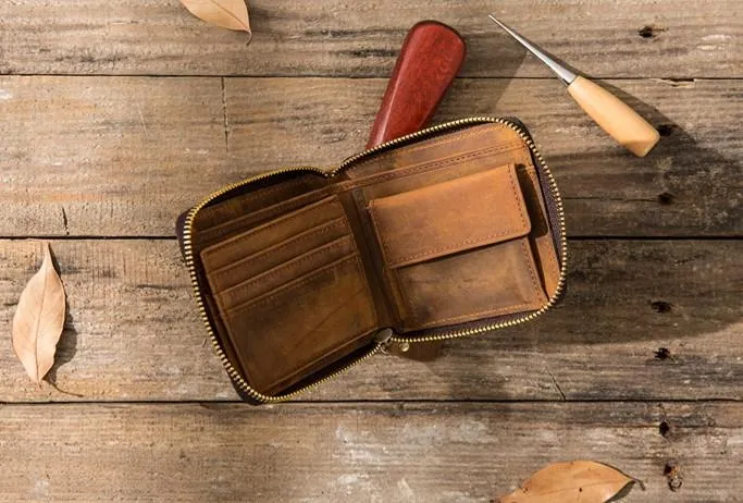 Cool Leather Vintage Mens Small Wallets Zipper billfold Wallets for Men