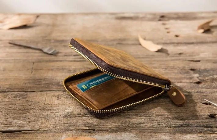 Cool Leather Vintage Mens Small Wallets Zipper billfold Wallets for Men