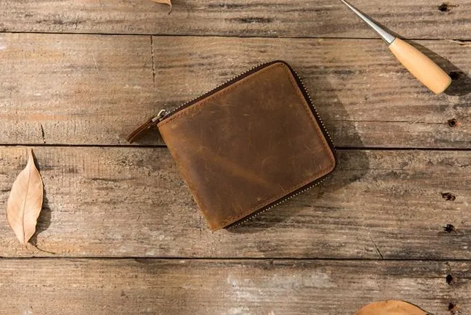 Cool Leather Vintage Mens Small Wallets Zipper billfold Wallets for Men