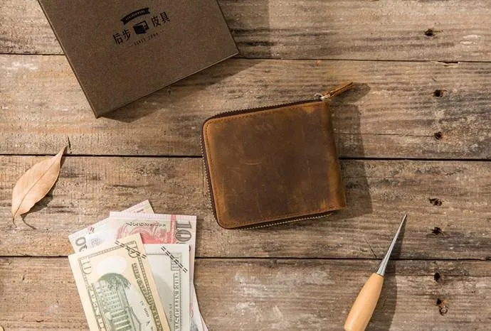 Cool Leather Vintage Mens Small Wallets Zipper billfold Wallets for Men