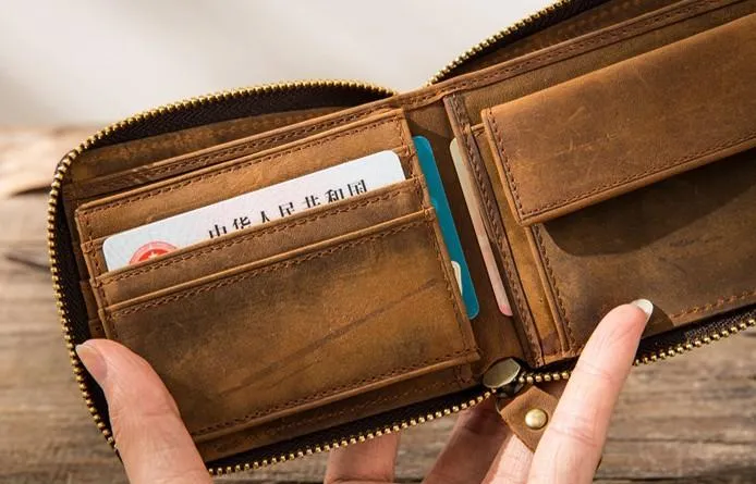 Cool Leather Vintage Mens Small Wallets Zipper billfold Wallets for Men