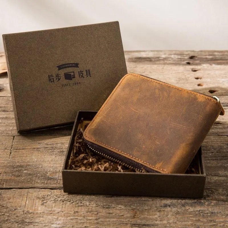 Cool Leather Vintage Mens Small Wallets Zipper billfold Wallets for Men