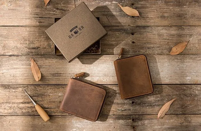 Cool Leather Vintage Mens Small Wallets Zipper billfold Wallets for Men