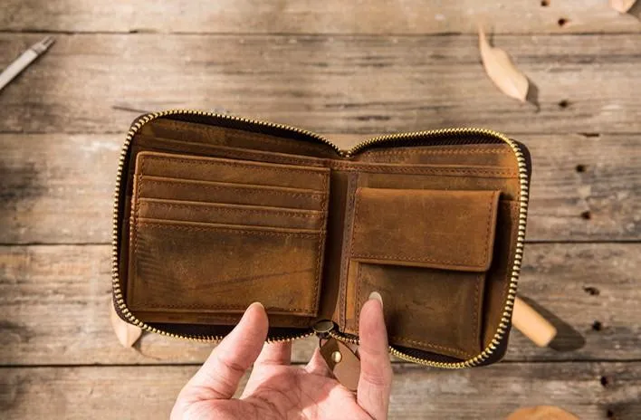 Cool Leather Vintage Mens Small Wallets Zipper billfold Wallets for Men