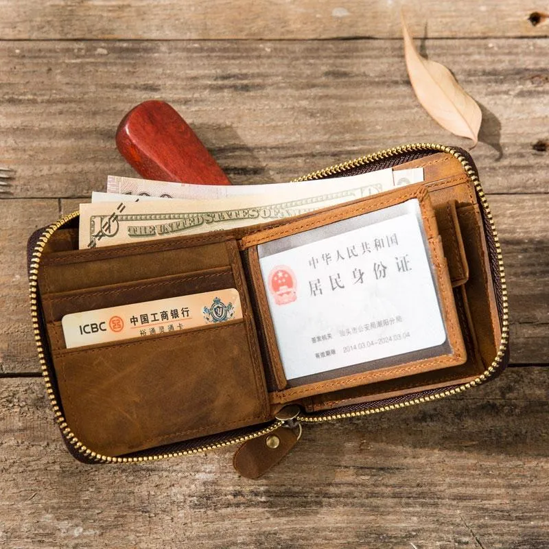 Cool Leather Vintage Mens Small Wallets Zipper billfold Wallets for Men