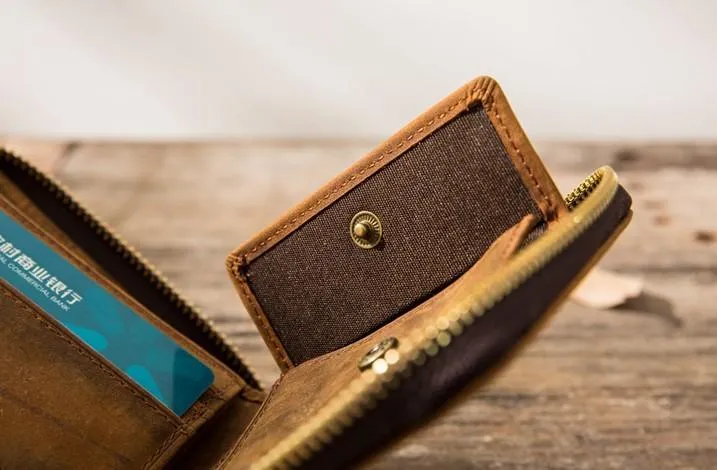 Cool Leather Vintage Mens Small Wallets Zipper billfold Wallets for Men