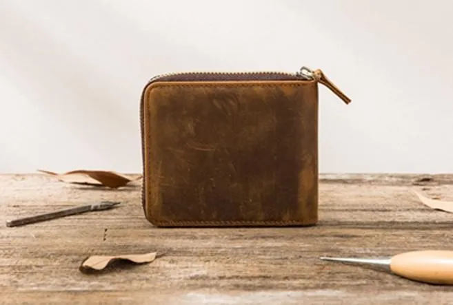 Cool Leather Vintage Mens Small Wallets Zipper billfold Wallets for Men