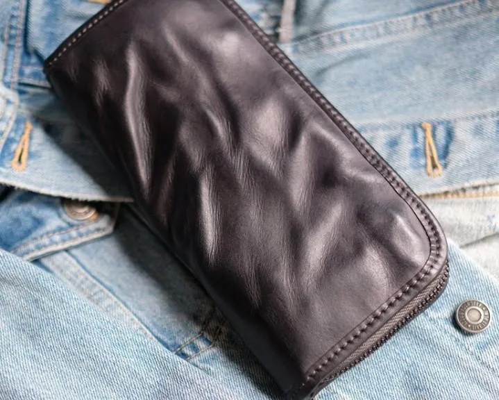 Cool Mens Leather Zipper Long Clutch Wallet Zipper Vintage Long Wallet For Men