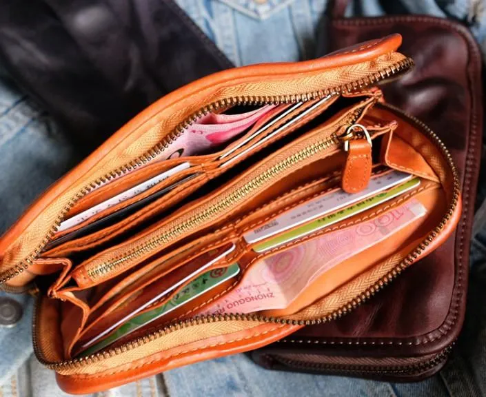 Cool Mens Leather Zipper Long Clutch Wallet Zipper Vintage Long Wallet For Men