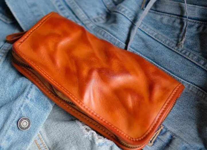 Cool Mens Leather Zipper Long Clutch Wallet Zipper Vintage Long Wallet For Men