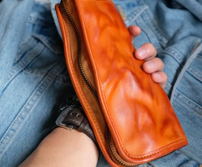 Cool Mens Leather Zipper Long Clutch Wallet Zipper Vintage Long Wallet For Men