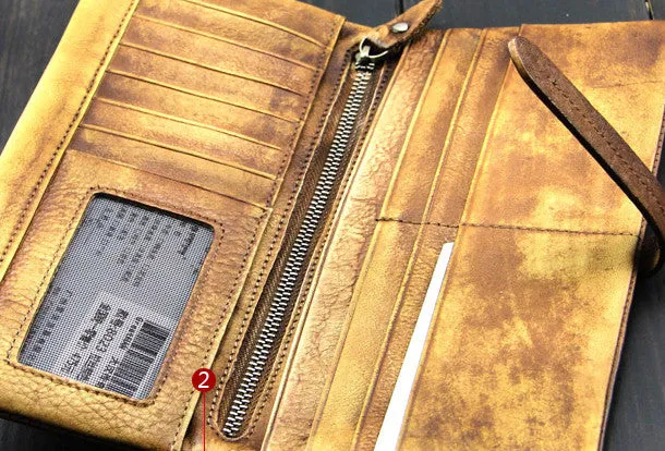 Cool mens long leather wallet vintage brown leaather long wallet for men