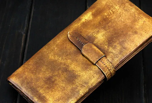 Cool mens long leather wallet vintage brown leaather long wallet for men