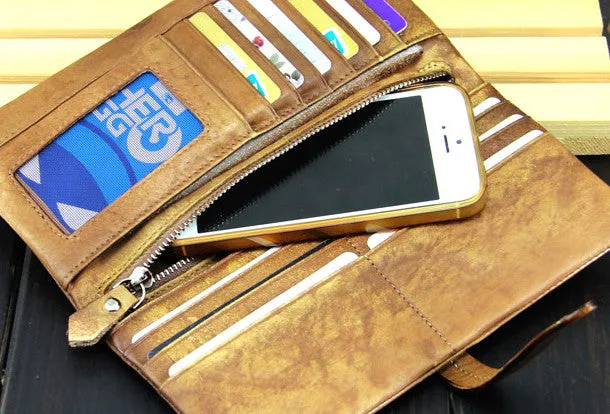 Cool mens long leather wallet vintage brown leaather long wallet for men