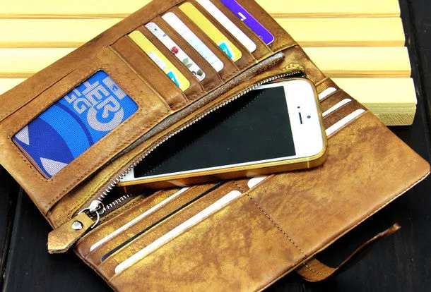 Cool mens long leather wallet vintage brown leaather long wallet for men