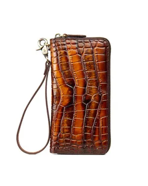 Crocodile Pattern Coffee&Yellow Leather Wristlet Wallet Womens Zip Around Wallets CONTRAST COLOR Ladies Zipper Clutch Wallets for Women