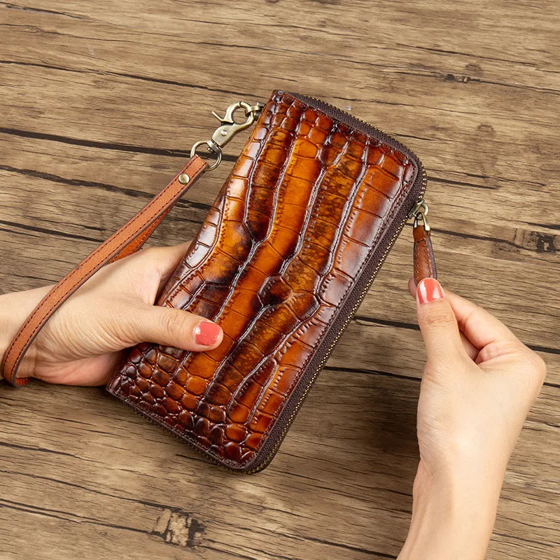 Crocodile Pattern Yellow&Green Leather Wristlet Wallet Womens Zip Around Wallets CONTRAST COLOR Ladies Zipper Clutch Wallets for Women