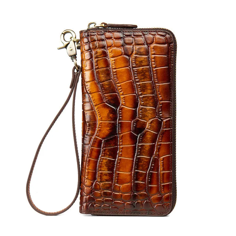 Crocodile Pattern Yellow&Green Leather Wristlet Wallet Womens Zip Around Wallets CONTRAST COLOR Ladies Zipper Clutch Wallets for Women