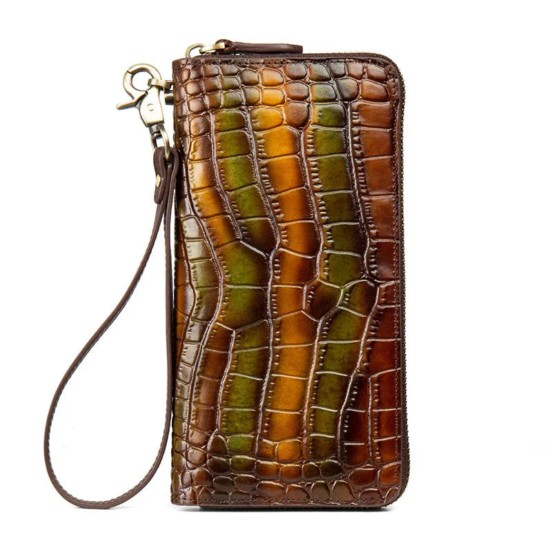 Crocodile Pattern Yellow&Green Leather Wristlet Wallet Womens Zip Around Wallets CONTRAST COLOR Ladies Zipper Clutch Wallets for Women