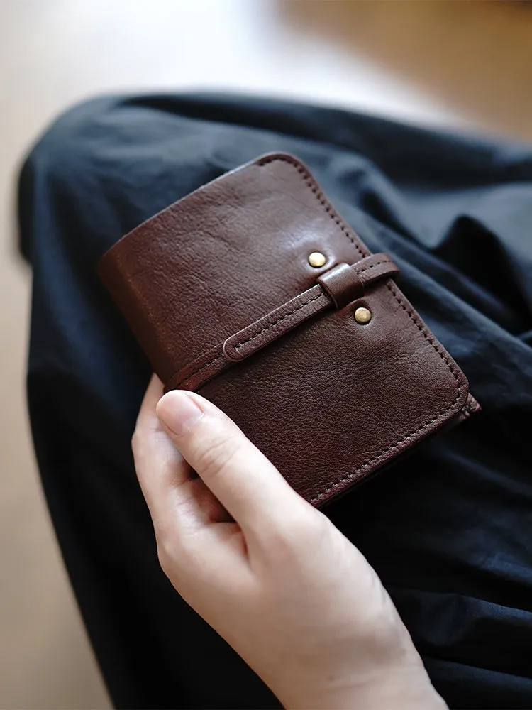 Cute Coffee Leather Womens Slim Small Wallet Classic Billfold Wallet With Buckle For Women