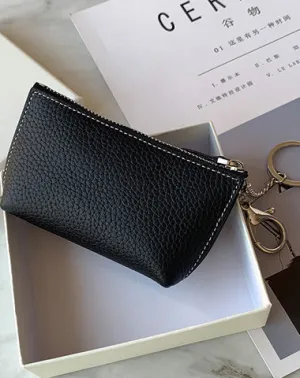 Cute Women Black Leather Small Change Wallet Keychain with Wallet Zipper Coin Wallet For Women
