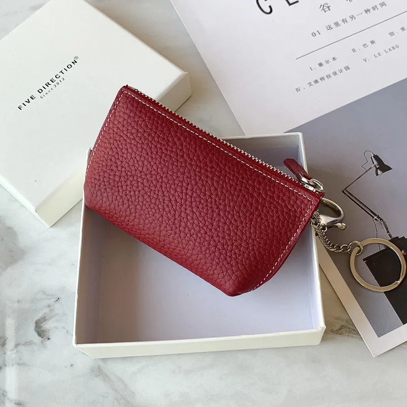 Cute Women Black Leather Small Change Wallet Keychain with Wallet Zipper Coin Wallet For Women