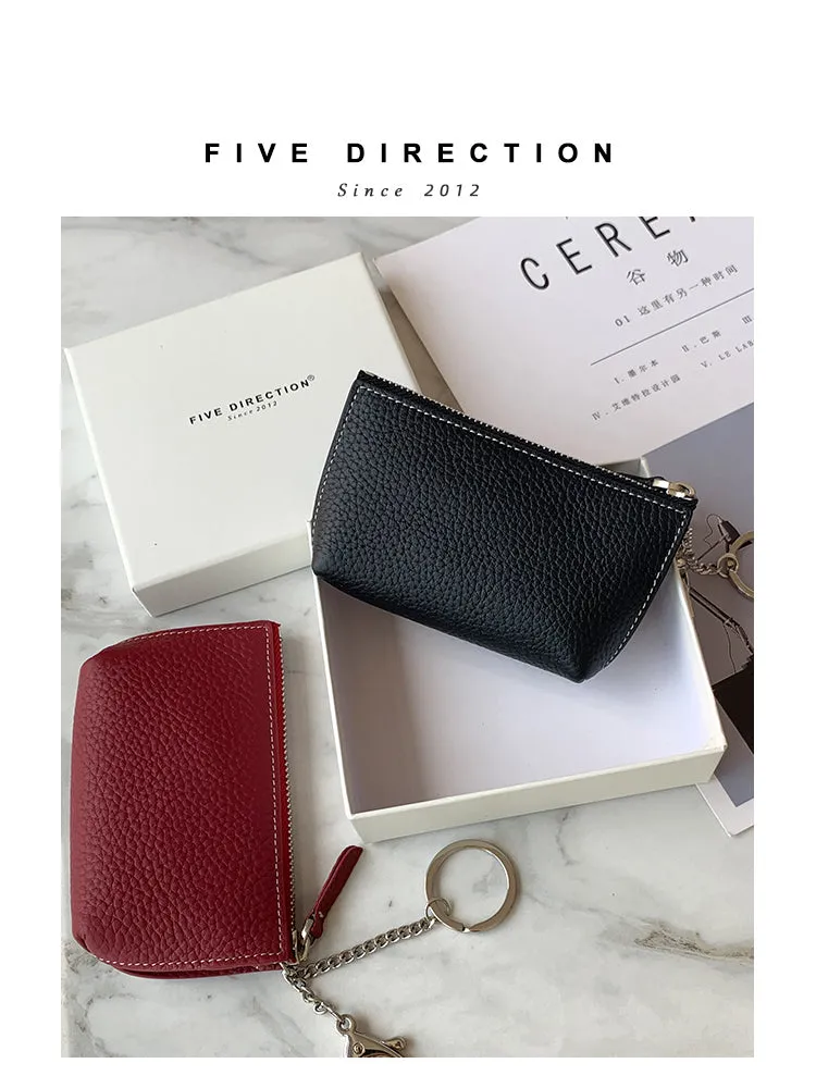 Cute Women Black Leather Small Change Wallet Keychain with Wallet Zipper Coin Wallet For Women