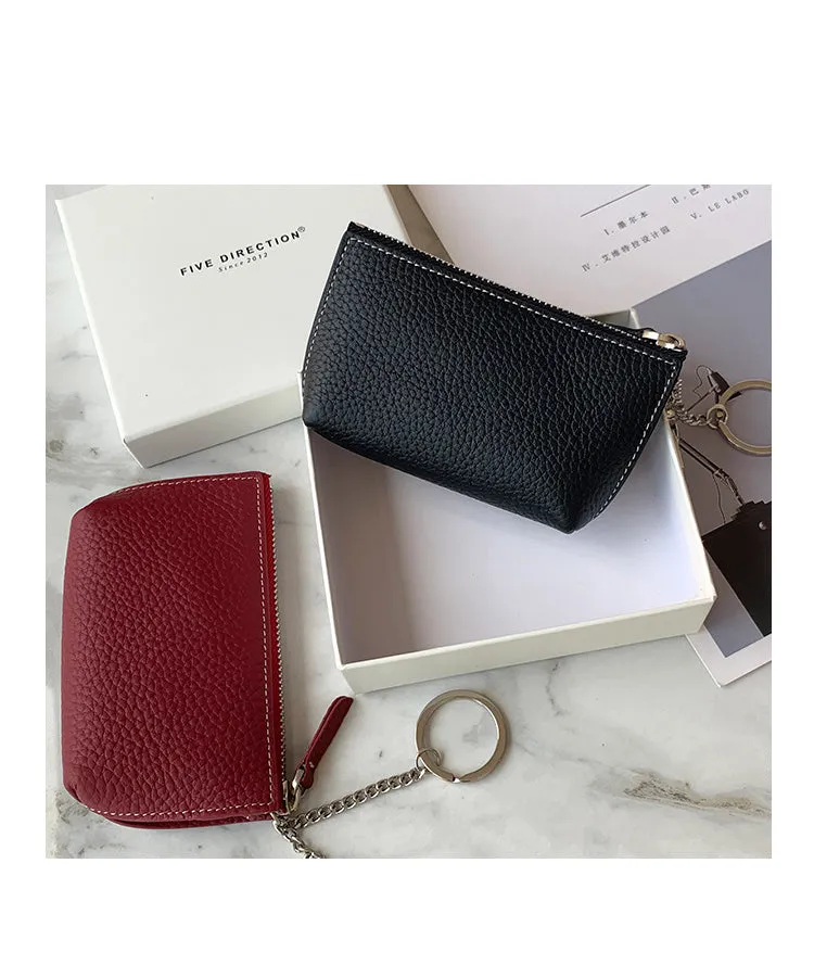 Cute Women Black Leather Small Change Wallet Keychain with Wallet Zipper Coin Wallet For Women