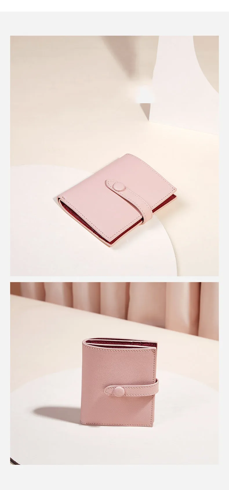 Cute Women Pink Leather Small Wallet Billfold Vertical Card Wallet For Women