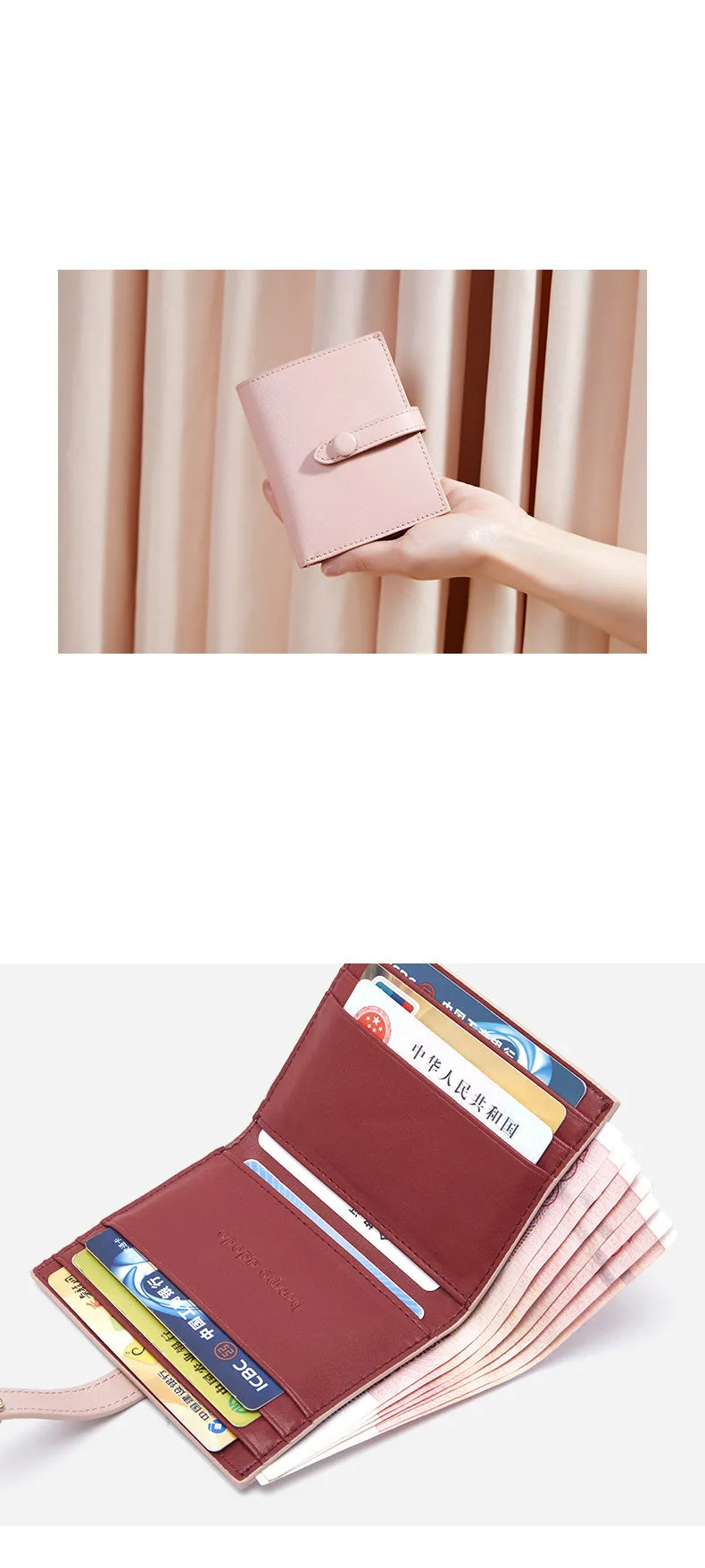 Cute Women Pink Leather Small Wallet Billfold Vertical Card Wallet For Women