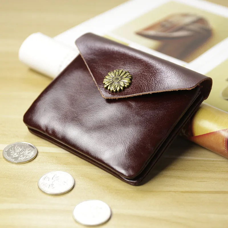 Cute Women Sunflower Brown Leather Mini Billfold Wallet Coin Wallets Slim Change Wallets For Women