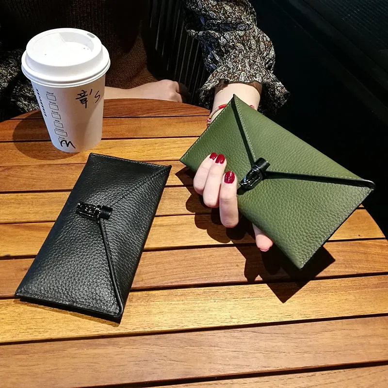 Cute Womens Gray Leather Envelope Wallet Slim Clutch Purse Checkbook Long Wallet for Women