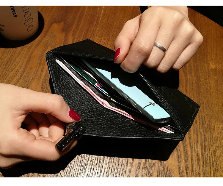 Cute Womens Gray Leather Envelope Wallet Slim Clutch Purse Checkbook Long Wallet for Women