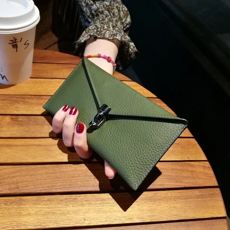 Cute Womens Gray Leather Envelope Wallet Slim Clutch Purse Checkbook Long Wallet for Women