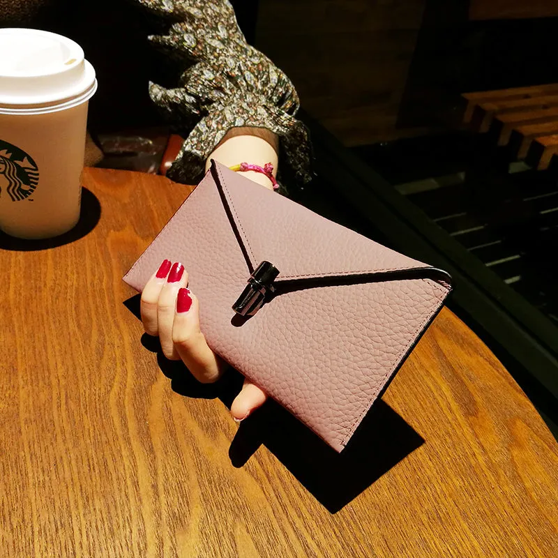 Cute Womens Gray Leather Envelope Wallet Slim Clutch Purse Checkbook Long Wallet for Women