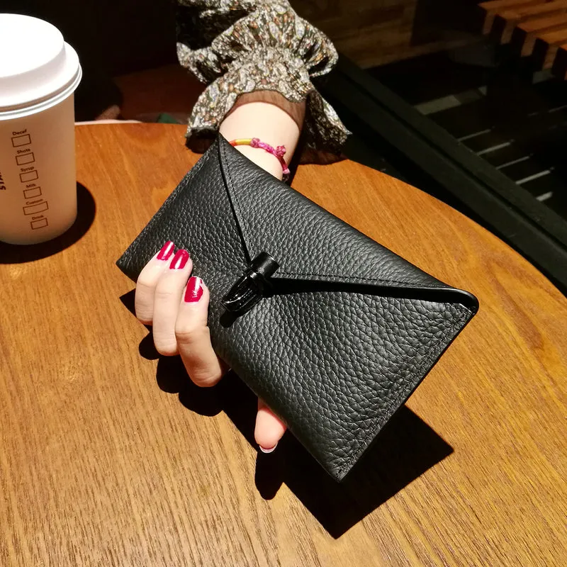 Cute Womens Gray Leather Envelope Wallet Slim Clutch Purse Checkbook Long Wallet for Women