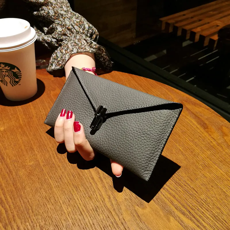 Cute Womens Gray Leather Envelope Wallet Slim Clutch Purse Checkbook Long Wallet for Women