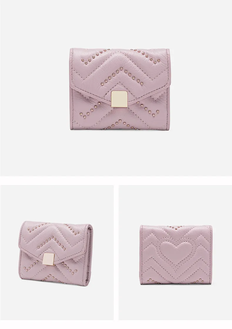 Cute Womens Pink Leather Small Wallet with Rivets Slim Billfold Small Wallet For Women
