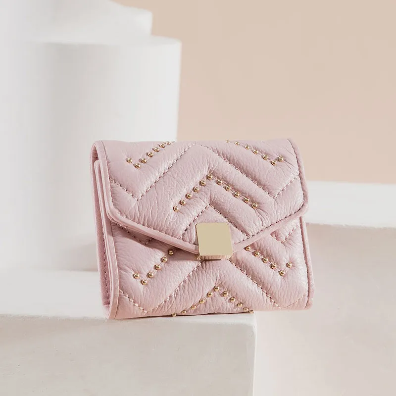 Cute Womens Pink Leather Small Wallet with Rivets Slim Billfold Small Wallet For Women