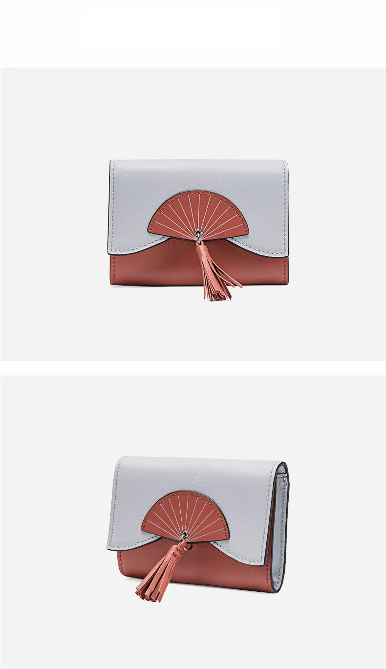 Cutest Women Leather Small Wallet CONTRAST COLOR Billfold Card Wallet with Folding Fan For Women