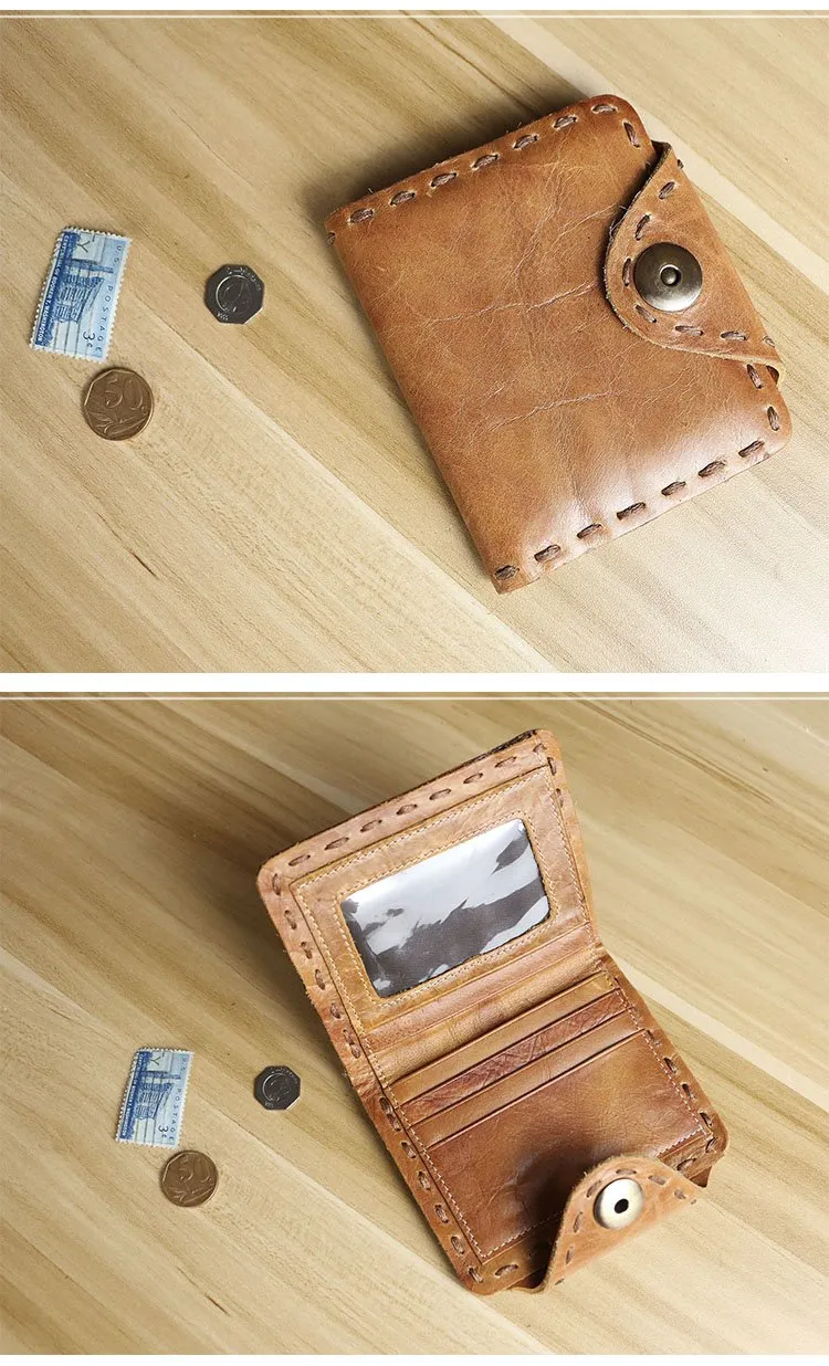 Dark Brown Handmade Leather Mens billfold Wallet Small Bifold Card Holder Front Pocket Wallet For Men