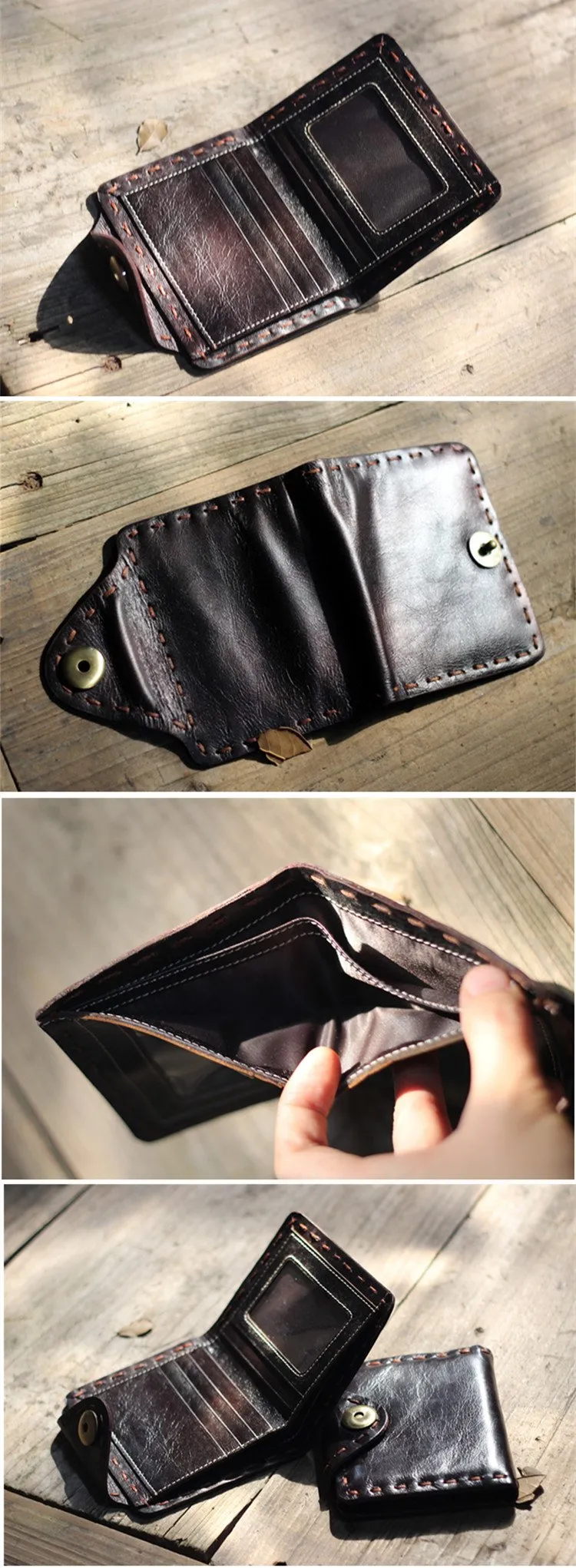 Dark Brown Handmade Leather Mens billfold Wallet Small Bifold Card Holder Front Pocket Wallet For Men
