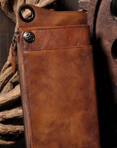 Dark Brown Leather Biker Wallet Leather Chain Wallet Men Long Biker Chain Wallet
